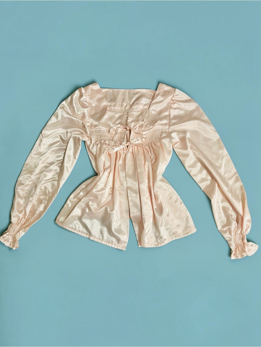Vintage Satin Tie-Front Blouse in Pale Pink